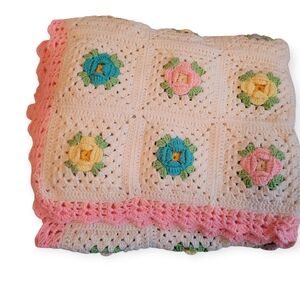 3D Floral Granny Square Crochet Throw Cottagecore White With Pink Trim